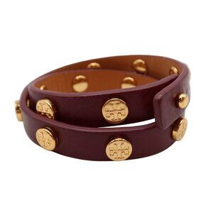 TORY BURCH Burgundy Leather Gold Tone Logo Stud Double Wrap Bracelet Red
